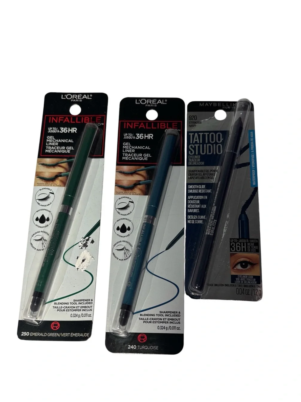 New L’Oréal & Maybelline Colored Eyeliner Bundle Green Turquoise Navy 3 Pc